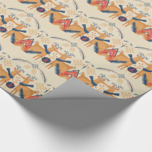 Papier Cadeau Monogramme Art populaire Noël Cerfs Arbres Bleus R