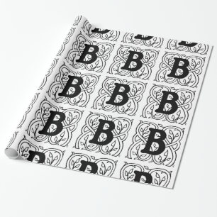 Papier Cadeau Monogramme B Modèle floral noir et blanc initial