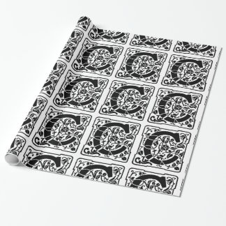 Papier Cadeau Monogramme C Modèle floral noir et blanc initial
