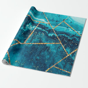Papier Cadeau Monogramme Chic Géode d'Agate Bleu Nuit Or Élégant