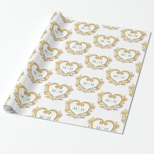 Papier Cadeau Monogramme cœur or vert foncé sur fond blanc maria