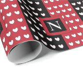 Papier Cadeau Monogramme coeurs noir rouge blanc moderne (Coin rond)