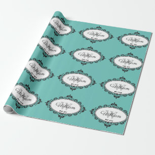 Papier Cadeau Monogramme damassé sarcelle minimaliste vintage