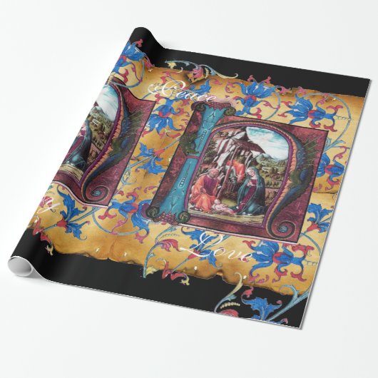PAPIER CADEAU MONOGRAMME DE LA NATIVITÉ PARCHEMENT FLORAL DE NOË (Déroulé)