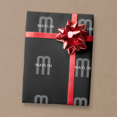Papier Cadeau Monogramme de nom moderne | Noir Gris Blanc
