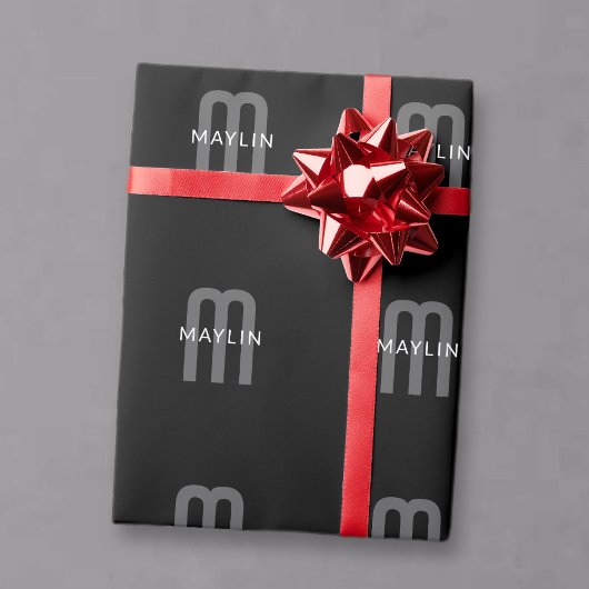Papier Cadeau Monogramme de nom moderne | Noir Gris Blanc
