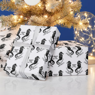 Papier Cadeau Monogramme de silhouette de cheval de mer noir