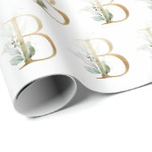 Papier Cadeau Monogramme d'or rustique B vert feuillage eucalypt (Coin rond)