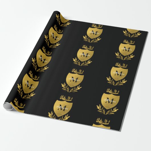 Papier Cadeau Monogramme du bouclier royal noir et or (Déroulé)