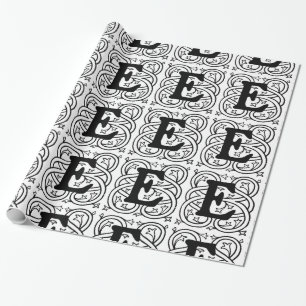 Papier Cadeau Monogramme E Motif initial de défilement noir et b