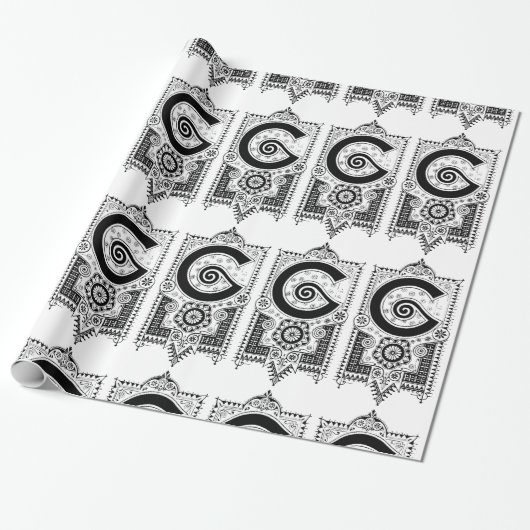 Papier Cadeau Monogramme F Art déco initial noir et blanc (Déroulé)