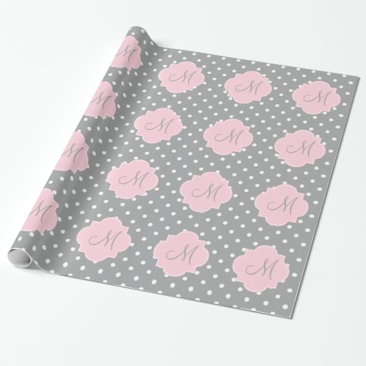 Papier Cadeau Monogramme Gris, Blanc et Pastel Pink Polka Dot (Déroulé)