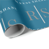 Papier Cadeau Monogramme Gris Élégant & Nom Blanc, Bleu (Coin rond)