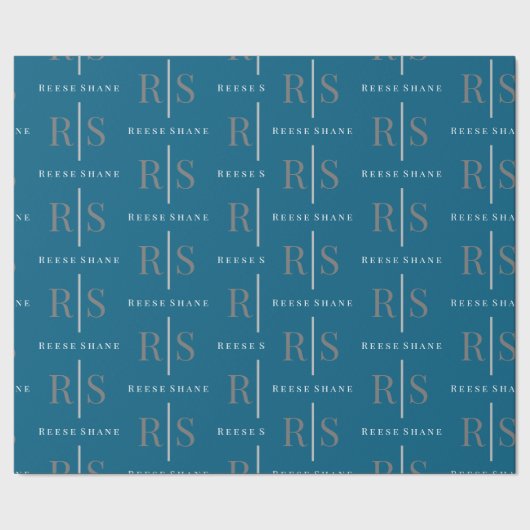 Papier Cadeau Monogramme Gris Élégant & Nom Blanc, Bleu (Couture)