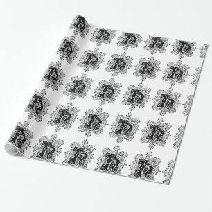 Papier Cadeau Monogramme H Modèle floral noir et blanc initial