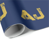 Papier Cadeau Monogramme Lettres Initiales Or & Bleu Simple (Coin rond)