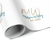 Papier Cadeau Monogramme marron bleu turquoise année d'est. simp (Coin rond)