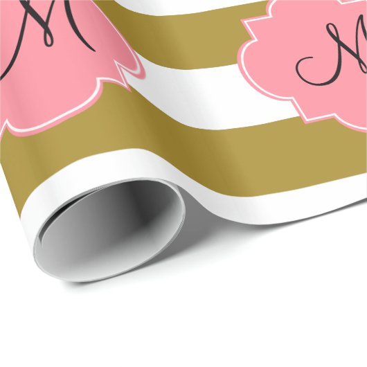 Papier Cadeau Monogramme métal or et rose Motif rayé (Coin rond)