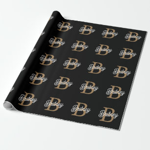 Papier Cadeau Monogramme moderne élégant Nom Black Gold Script