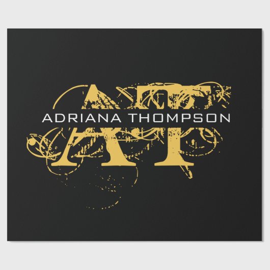 Papier Cadeau Monogramme moderne en noir et or (Plat)