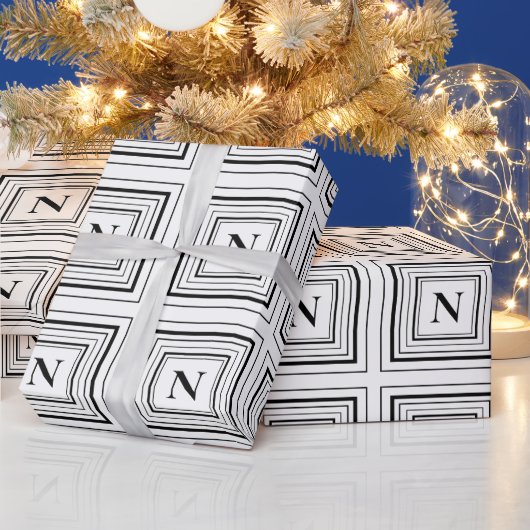 Papier Cadeau Monogramme Noir et Blanc Classique Carré (Vacances)