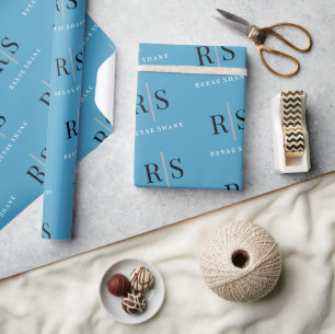Papier Cadeau Monogramme noir penché & nom blanc, bleu