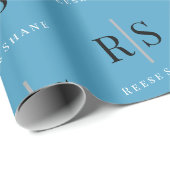 Papier Cadeau Monogramme noir penché & nom blanc, bleu (Coin rond)