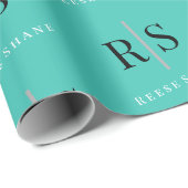 Papier Cadeau Monogramme noir penché & nom blanc, sarcelle (Coin rond)