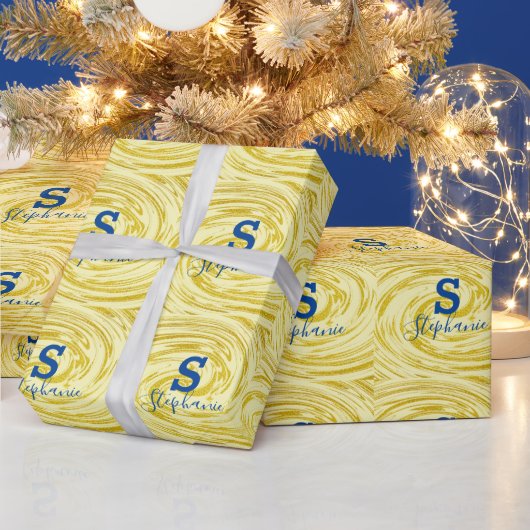 Papier Cadeau Monogramme Nom initial Blue Gold Parties scintilla (Vacances)