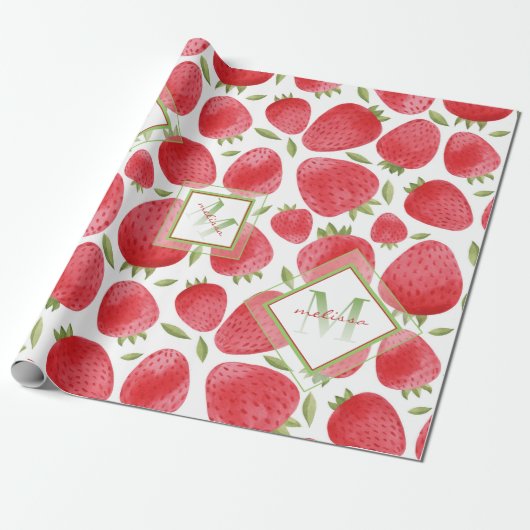 Papier Cadeau Monogramme Ombre + Fraises Rouge & Vert + Rose (Déroulé)