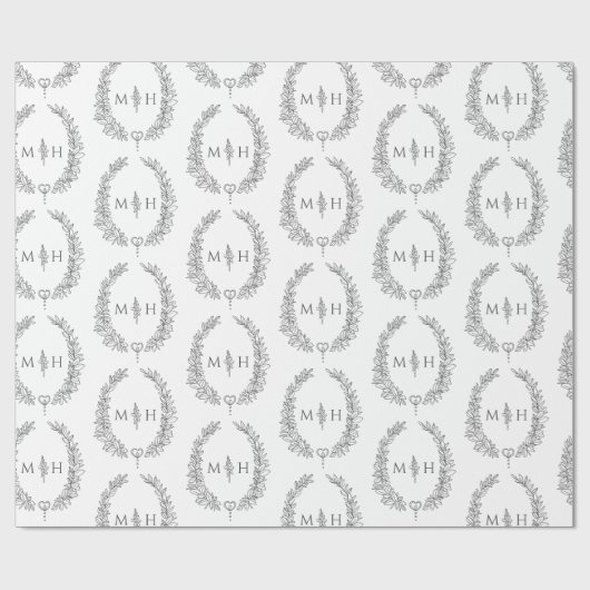 Papier Cadeau Monogramme ovale feuille dessin gris foncé sur bla (Plat)
