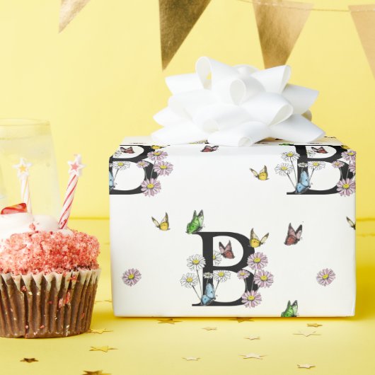 Papier Cadeau Monogramme papillon aquarelle lettre B    (Fête d'anniversaire)