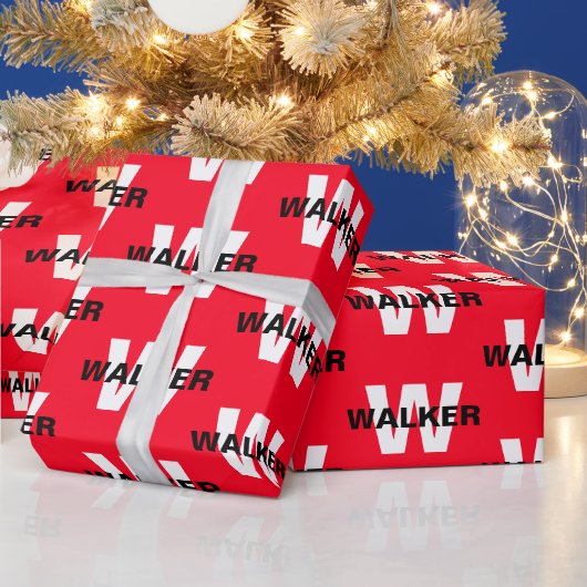 Papier Cadeau Monogramme Personnalisé Moderne Nom Bright Red Cad (Vacances)
