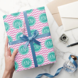 Papier Cadeau Monogramme rose et Turquoise Chevron personnalisé