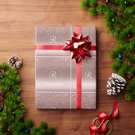Papier Cadeau Monogramme rose or et Parties scintillant argent (Cadeau de vacances)