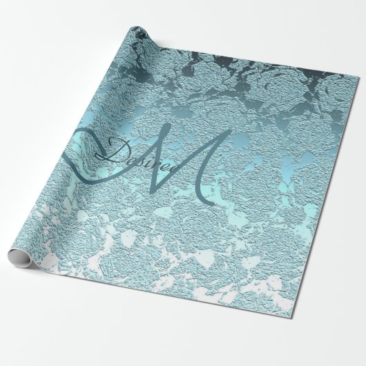 Papier Cadeau Monogramme Turquoise Green Girly Élégant motif flo (Déroulé)