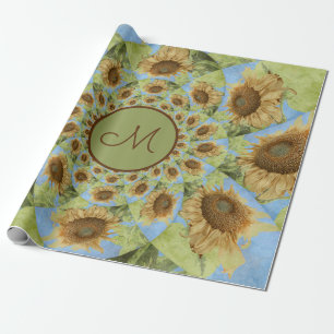 Papier Cadeau Monogramme vert jaune floral du pays de tournesol