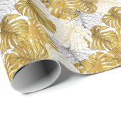Papier Cadeau Monstera Feuilles : Blanc doré (Coin rond)