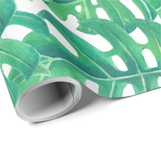 Papier Cadeau Monstère verte tropicale feuille motif sur blanc b (Coin rond)