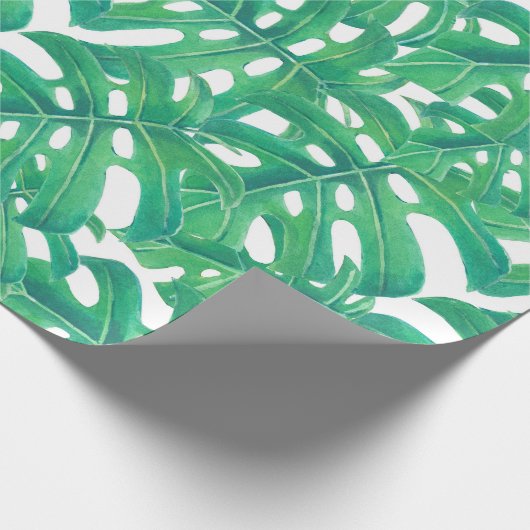 Papier Cadeau Monstère verte tropicale feuille motif sur blanc b (Coin)