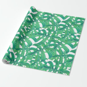 Papier Cadeau Monstère verte tropicale feuille motif sur blanc b