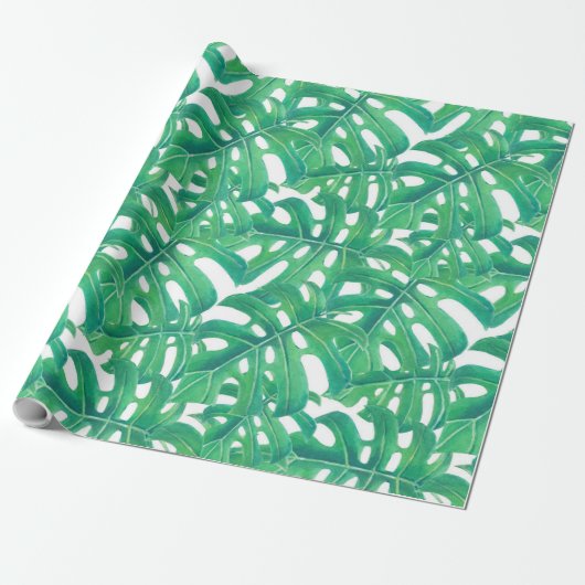 Papier Cadeau Monstère verte tropicale feuille motif sur blanc b (Déroulé)