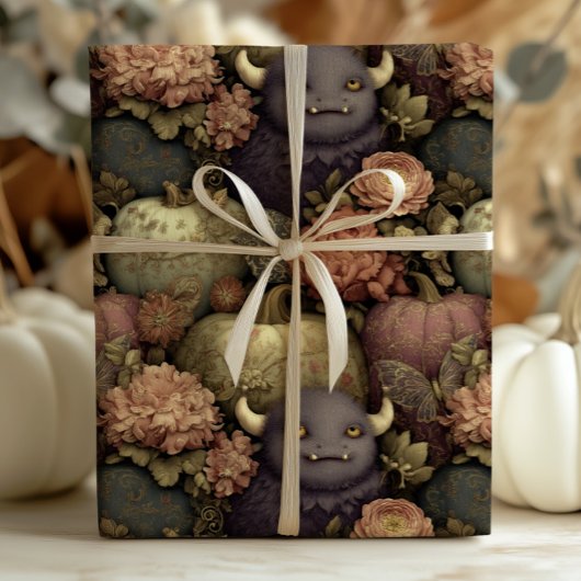 Papier Cadeau Monstres et Citrouilles d'Halloween gothique vinta