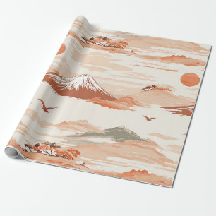 Papier Cadeau Mont Fuji Lever de Soleil Doré Motif Aquarelle Jap