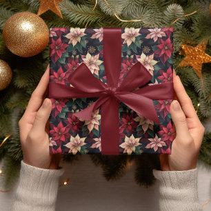 Papier Cadeau Moody foncé Poinsettia vacances d'hiver florales