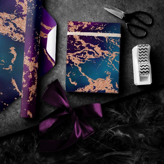 Papier Cadeau Moody Luxe Marble | Profond violet et Turquoise or