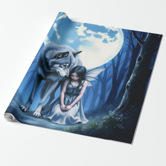 Papier Cadeau Moonlit Bond – The Wolf and the Gothic Fairy. (Déroulé)