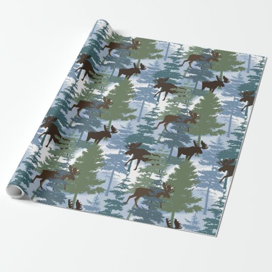 Papier Cadeau Moose de la forêt d'hiver (Déroulé)