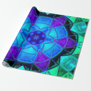 Papier Cadeau Mosaic Kaleidoscope Fleur Bleu pourpre et Turquois