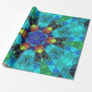Papier Cadeau Mosaic Kaleidoscope Fleur Bleu Vert et Orange